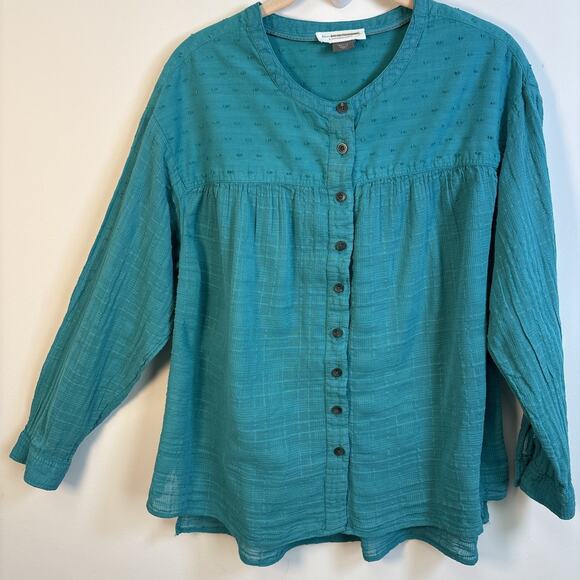 Pilcro Anthropologie Tops - Pilcro Anthropologie Long Sleeve Button Up Blouse Sm Teal Swiss Dot Indie Boho